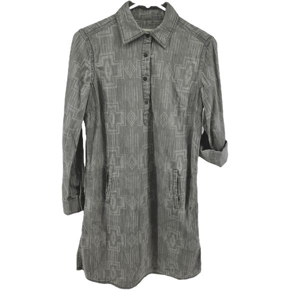 Ryan Michael Shirt Dress Aztec Button Down Roll Tab Tunic Long Sleeve Charcoal S - Picture 1 of 4